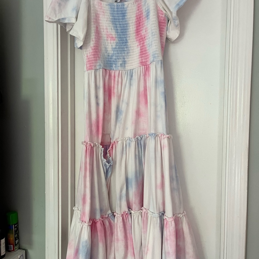 Ivy city Tie-Dye Ruffle Sleeve Maxi Dress - Pink & Blue (FLAWED) - Picture 4 of 9